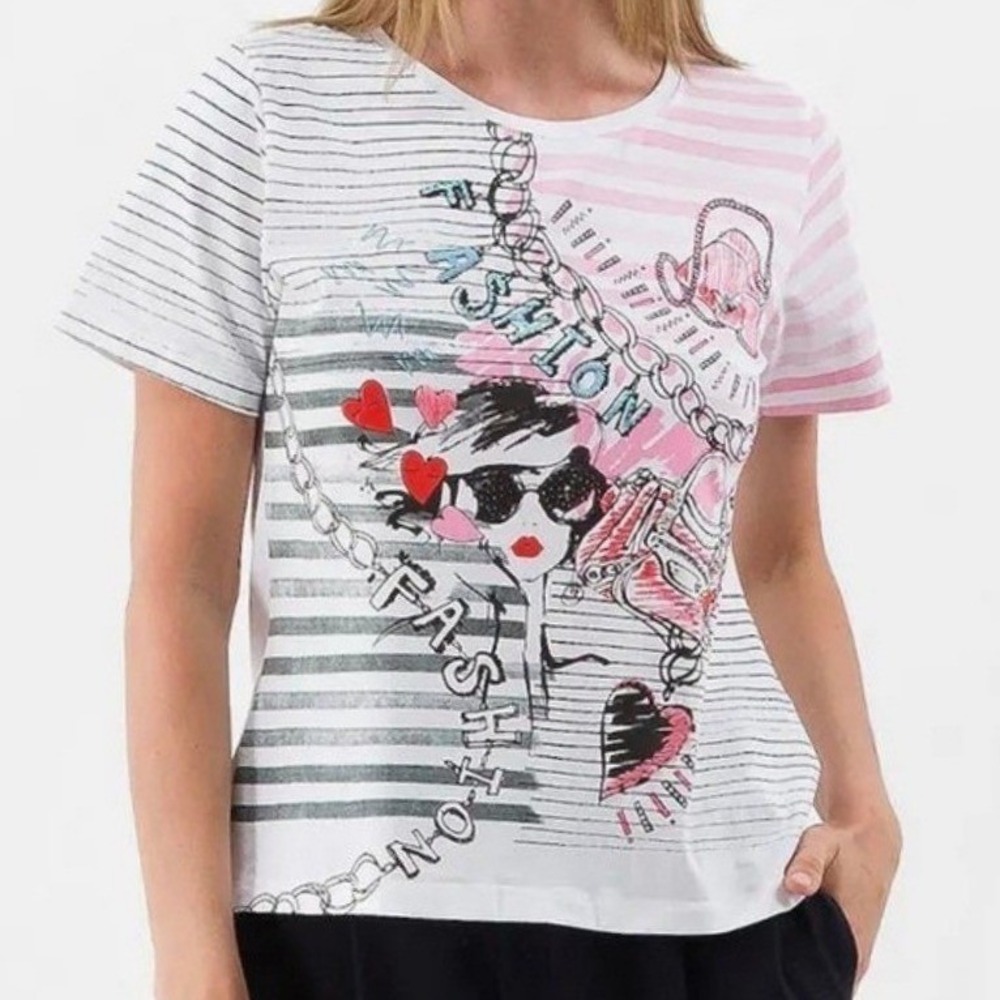 Leo & Ugo Paris Fashion Graphic T-Shirt Striped Sequin Accents White Size3/M